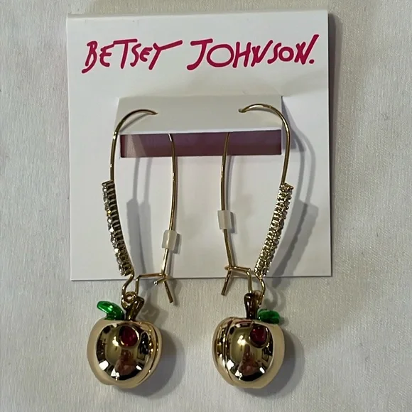 Betsey Johnson Apple Pave Shepherd Hook Earrings Goldtone crystal NWT - Picture 2 of 5